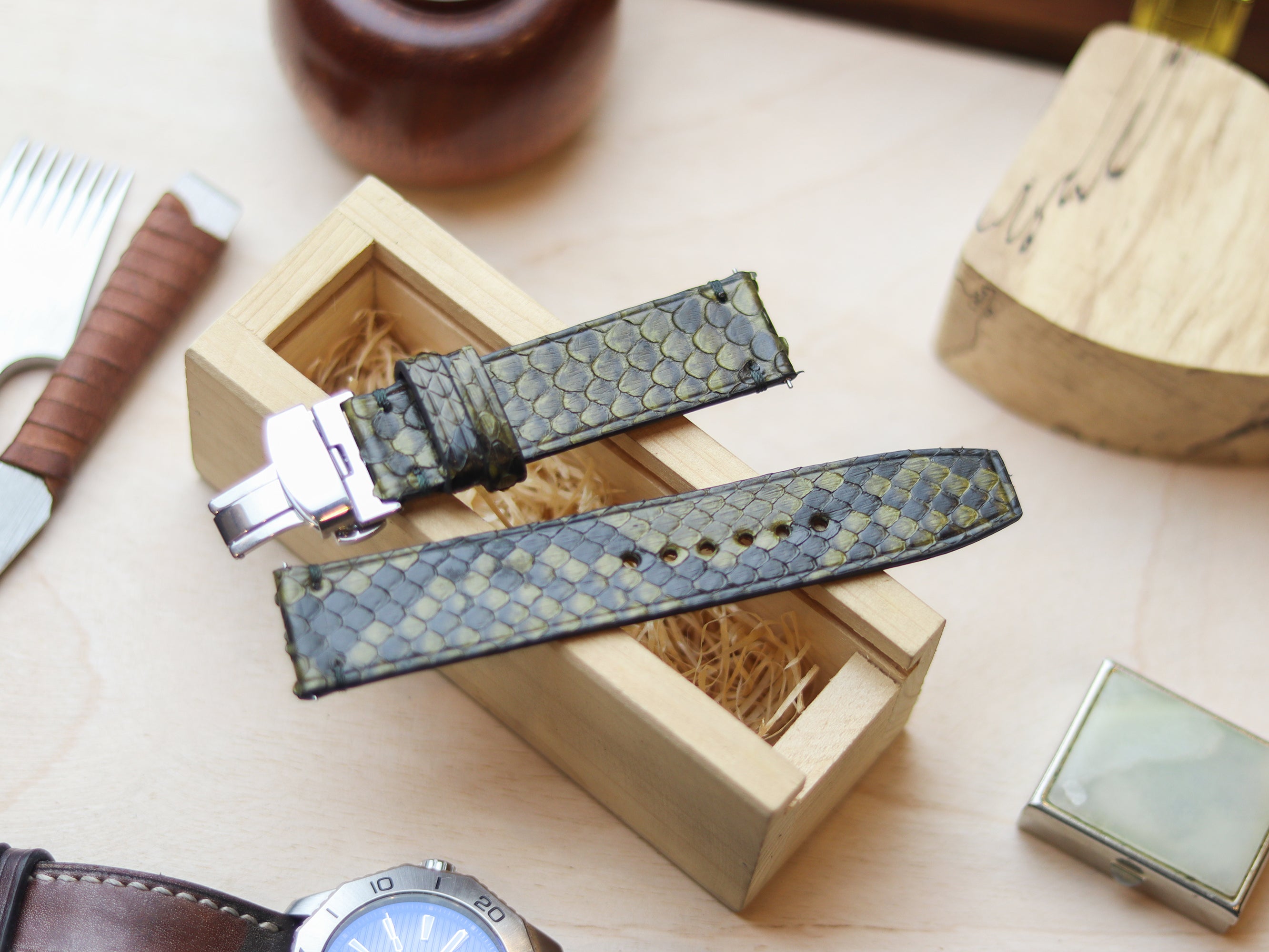 PYTHON SKIN WATCH STRAPS WITH BUTTERFLY CLASP - JUNIPER GREEN