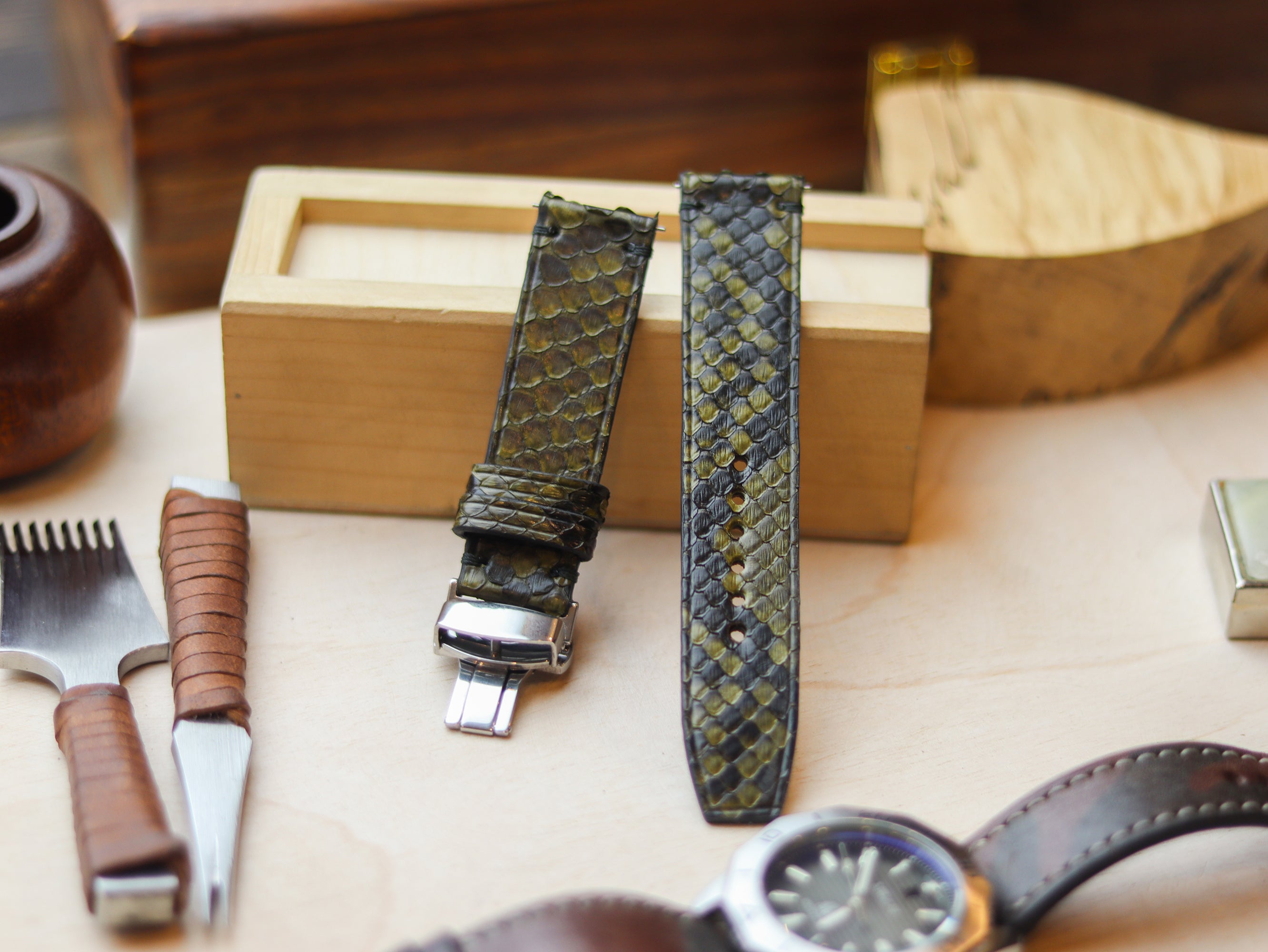 PYTHON SKIN WATCH STRAPS WITH BUTTERFLY CLASP - JUNIPER GREEN