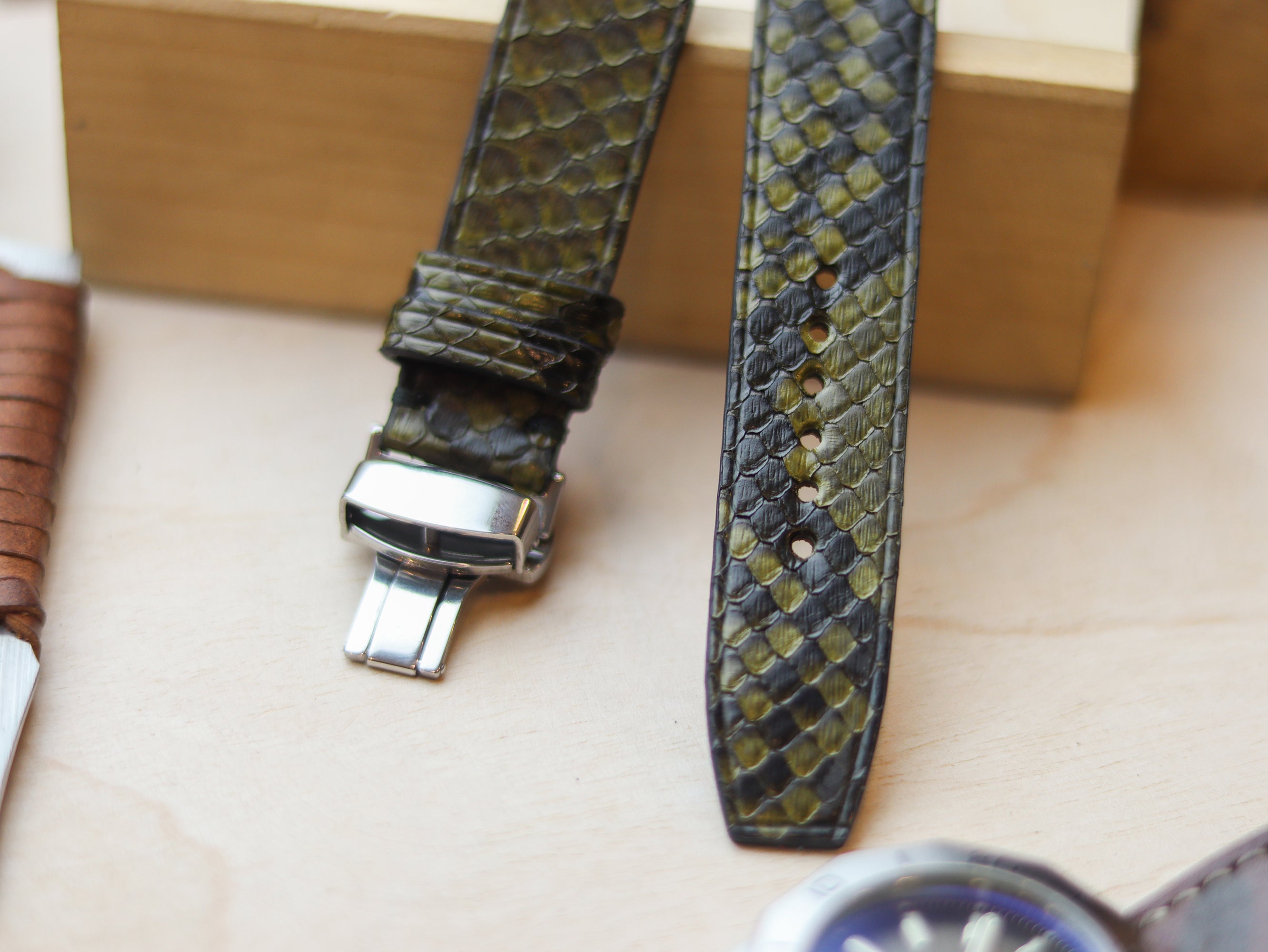 PYTHON SKIN WATCH STRAPS WITH BUTTERFLY CLASP - JUNIPER GREEN