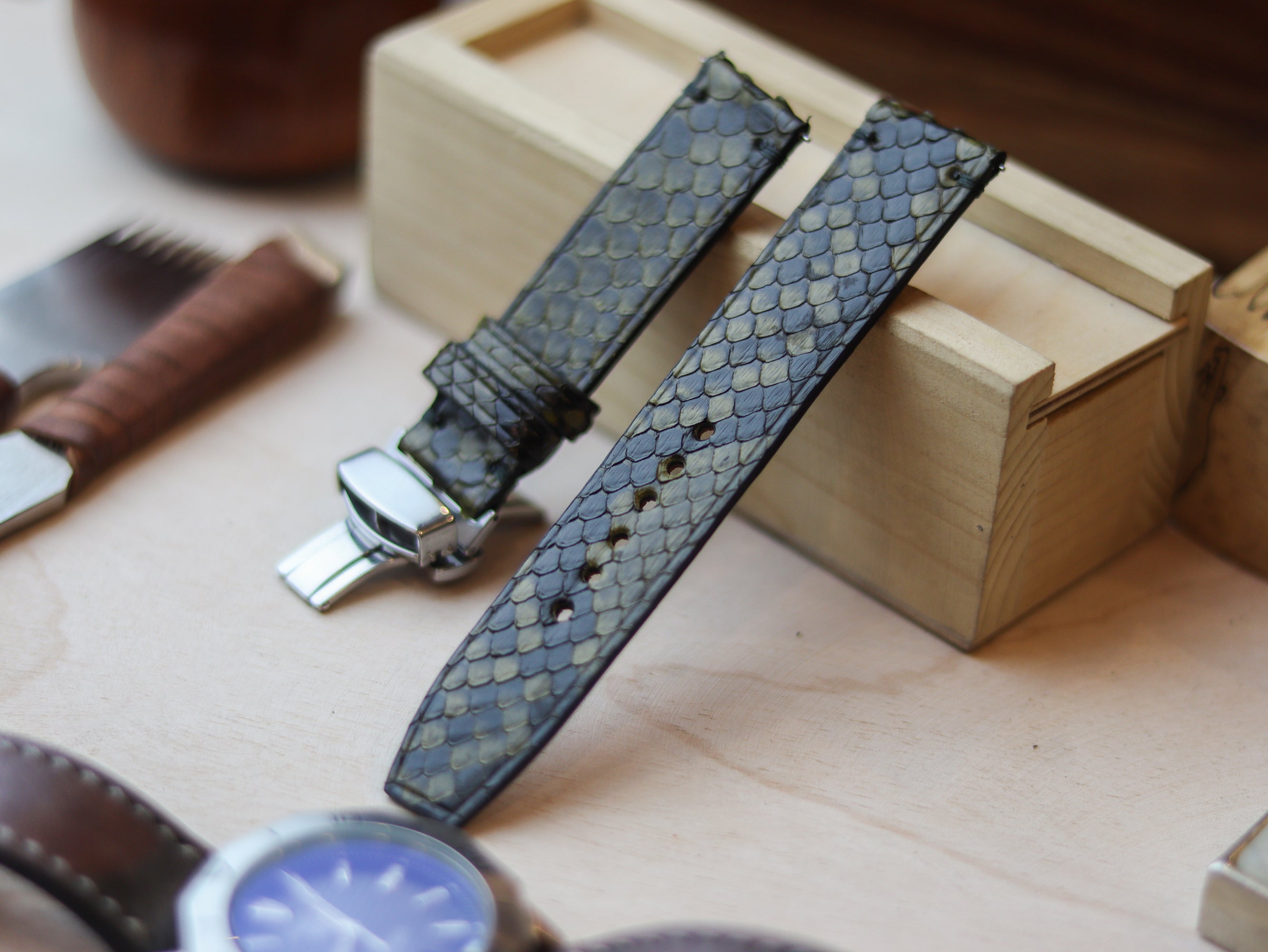 PYTHON SKIN WATCH STRAPS WITH BUTTERFLY CLASP - JUNIPER GREEN