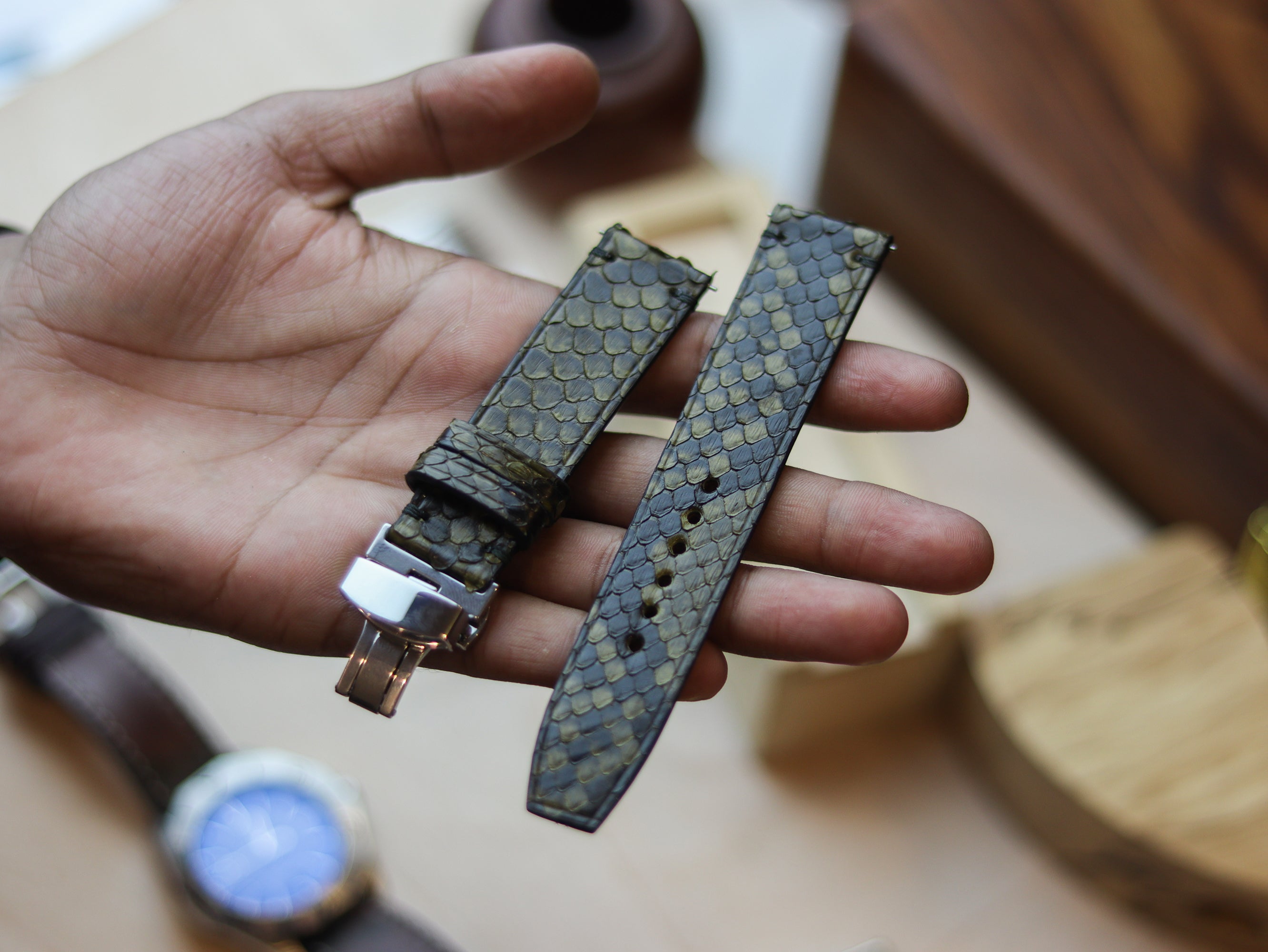 PYTHON SKIN WATCH STRAPS WITH BUTTERFLY CLASP - JUNIPER GREEN