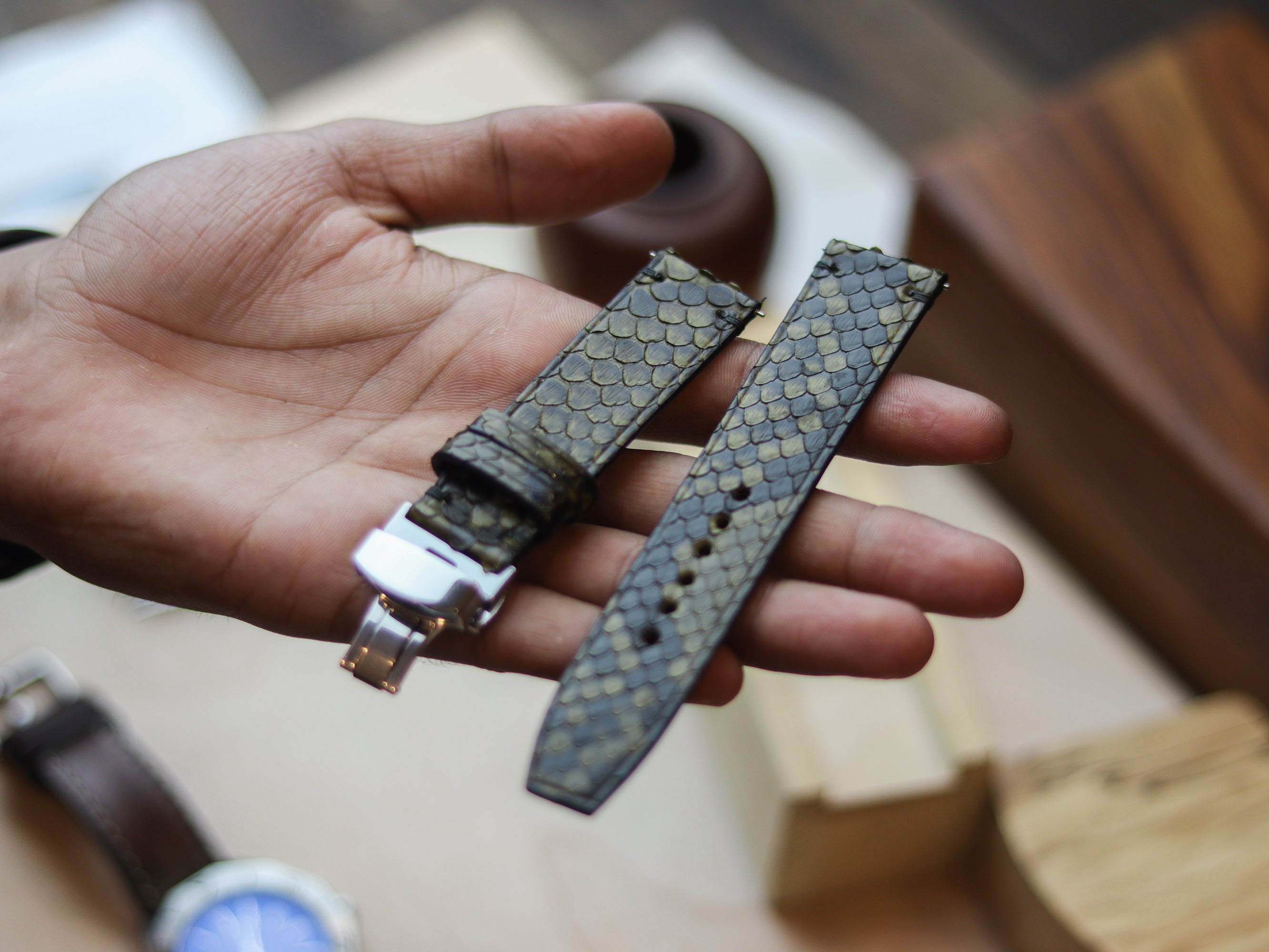 PYTHON SKIN WATCH STRAPS WITH BUTTERFLY CLASP - JUNIPER GREEN