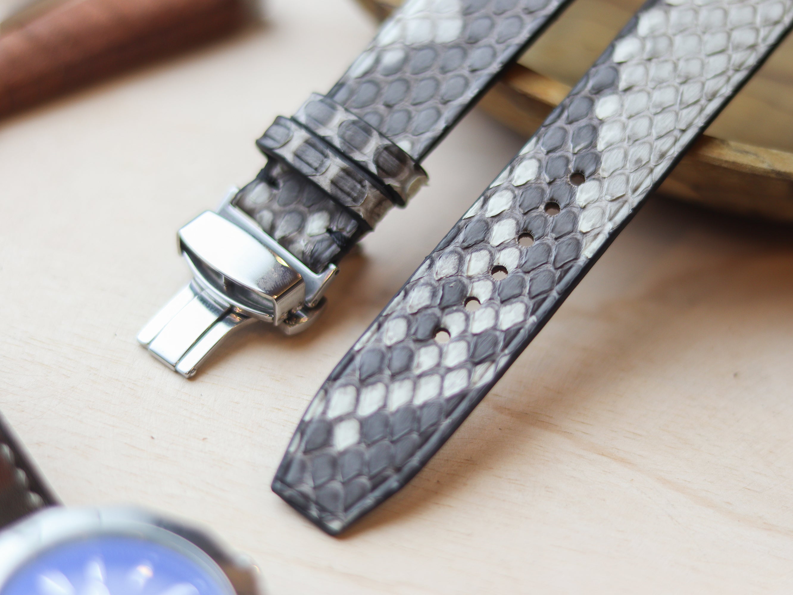 PYTHON SKIN WATCH STRAPS WITH BUTTERFLY CLASP - NATURAL