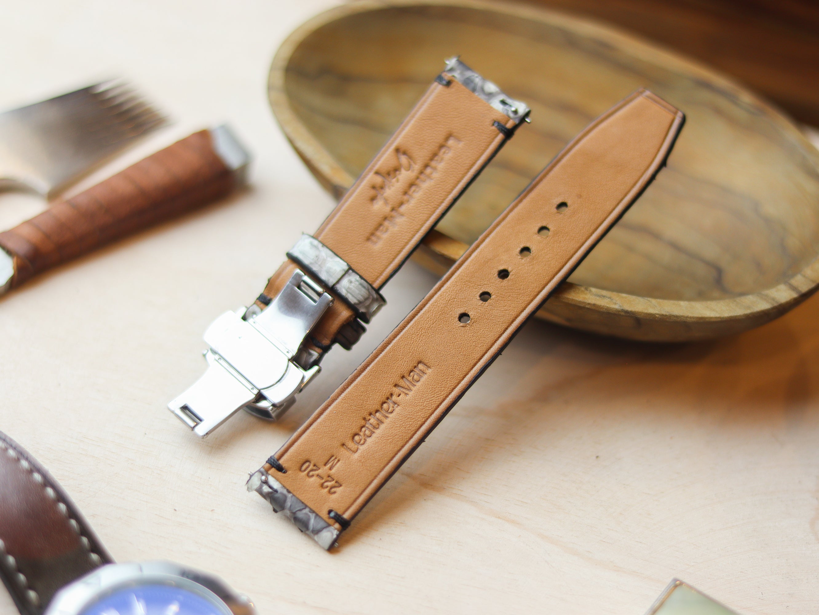 PYTHON SKIN WATCH STRAPS WITH BUTTERFLY CLASP - NATURAL