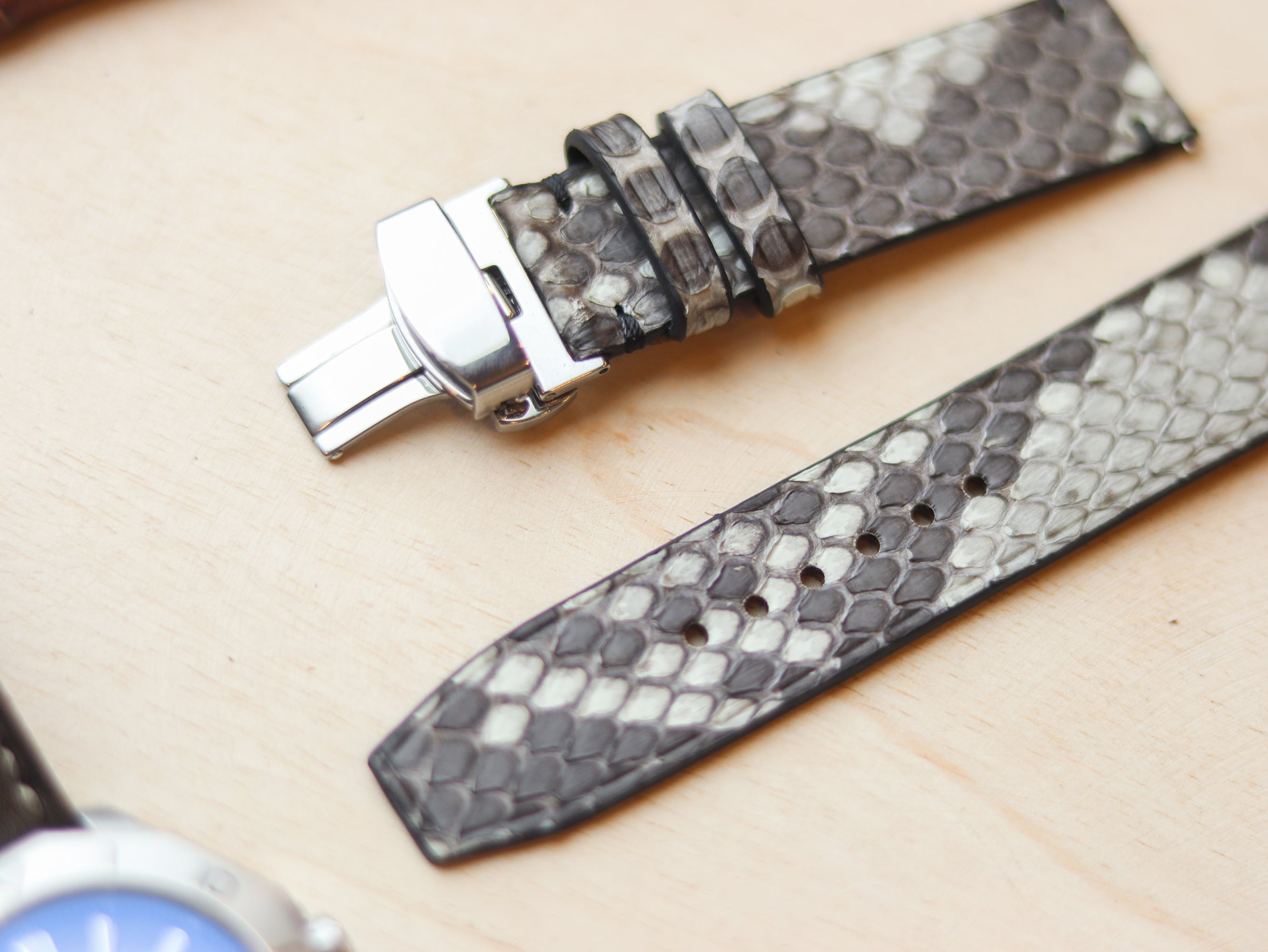 PYTHON SKIN WATCH STRAPS WITH BUTTERFLY CLASP - NATURAL