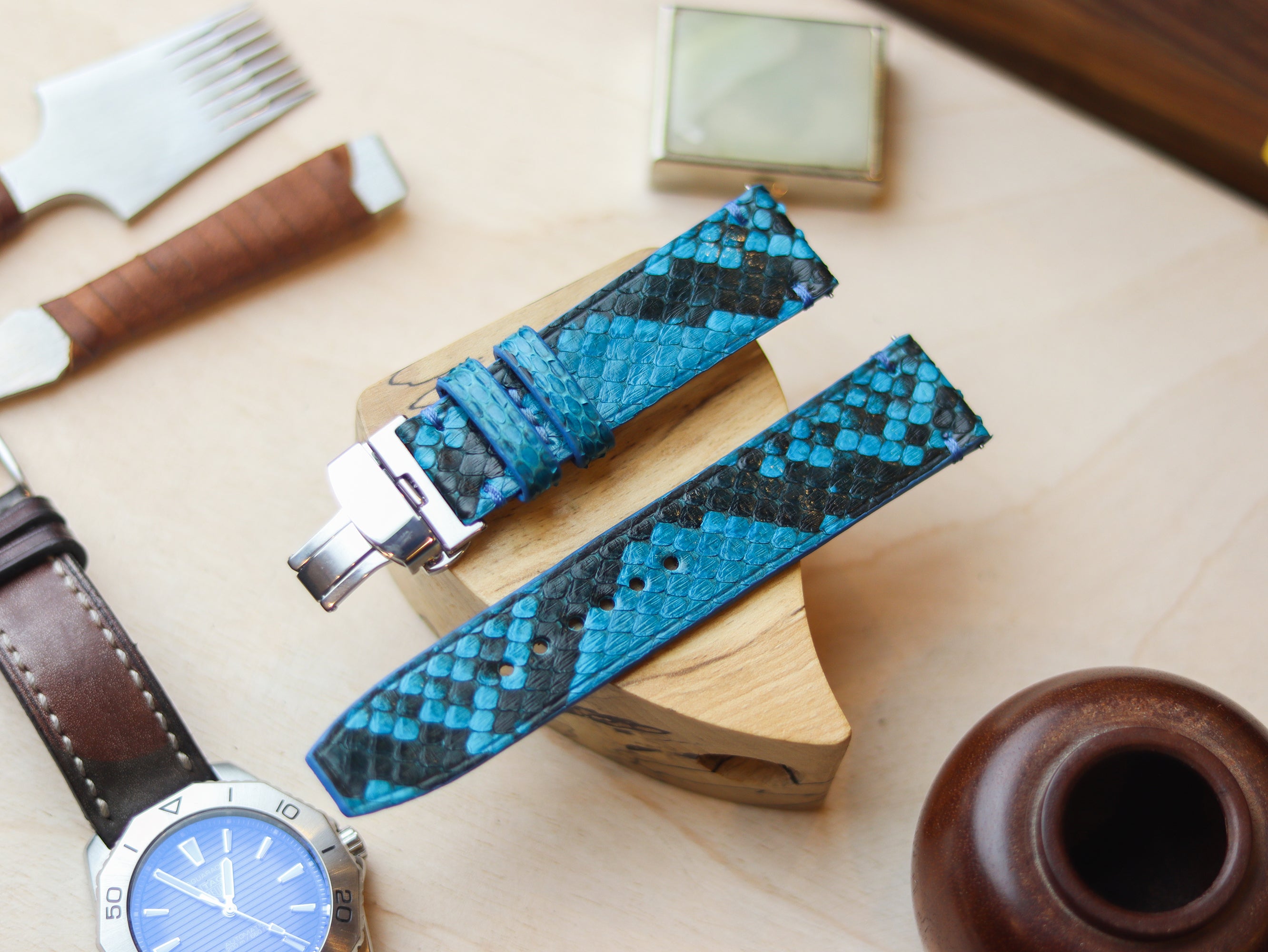 PYTHON SKIN WATCH STRAPS WITH BUTTERFLY CLASP - CERULEAN BLUE