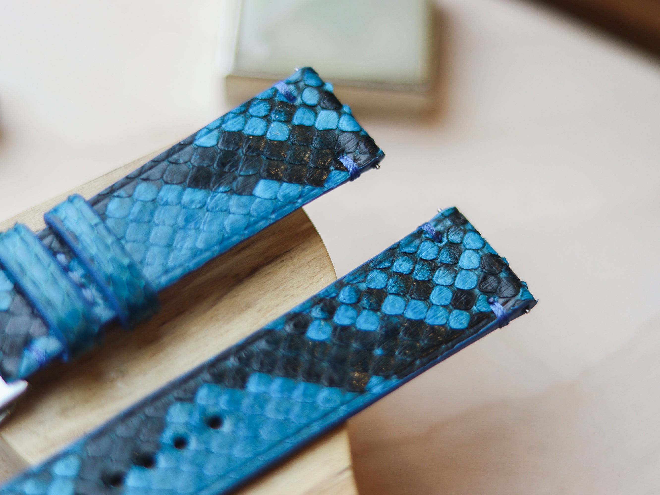 PYTHON SKIN WATCH STRAPS WITH BUTTERFLY CLASP - CERULEAN BLUE