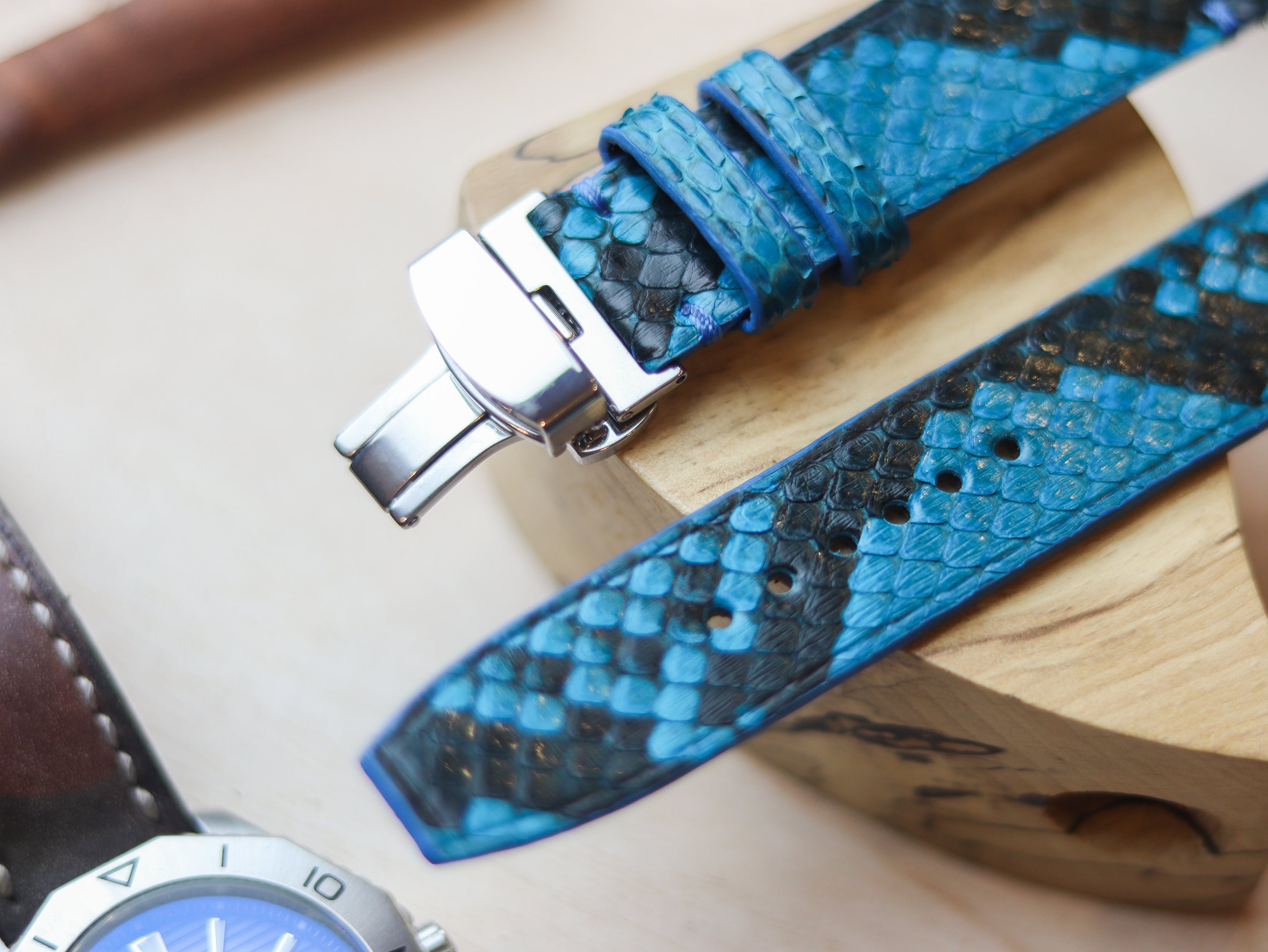 PYTHON SKIN WATCH STRAPS WITH BUTTERFLY CLASP - CERULEAN BLUE
