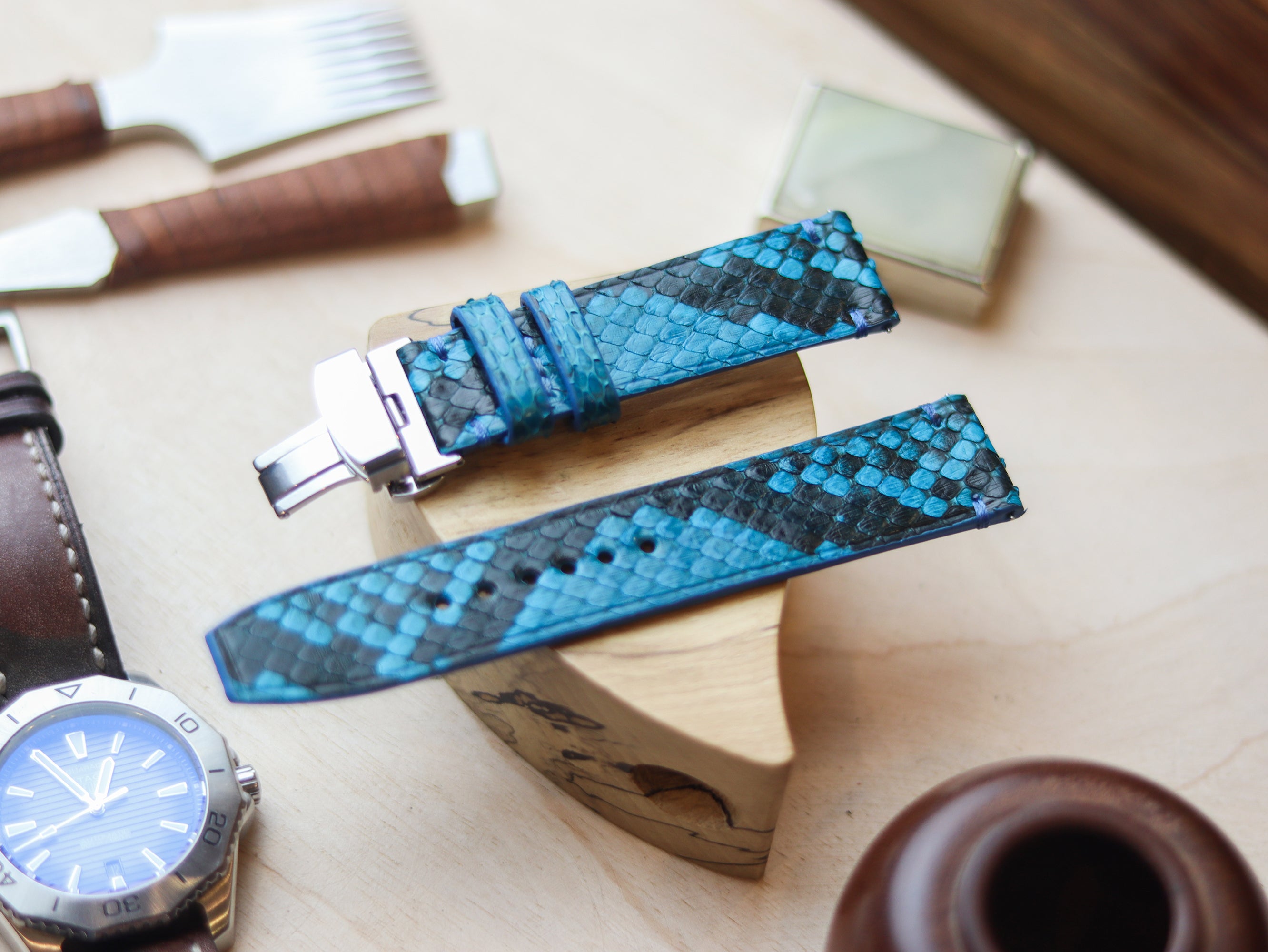 PYTHON SKIN WATCH STRAPS WITH BUTTERFLY CLASP - CERULEAN BLUE