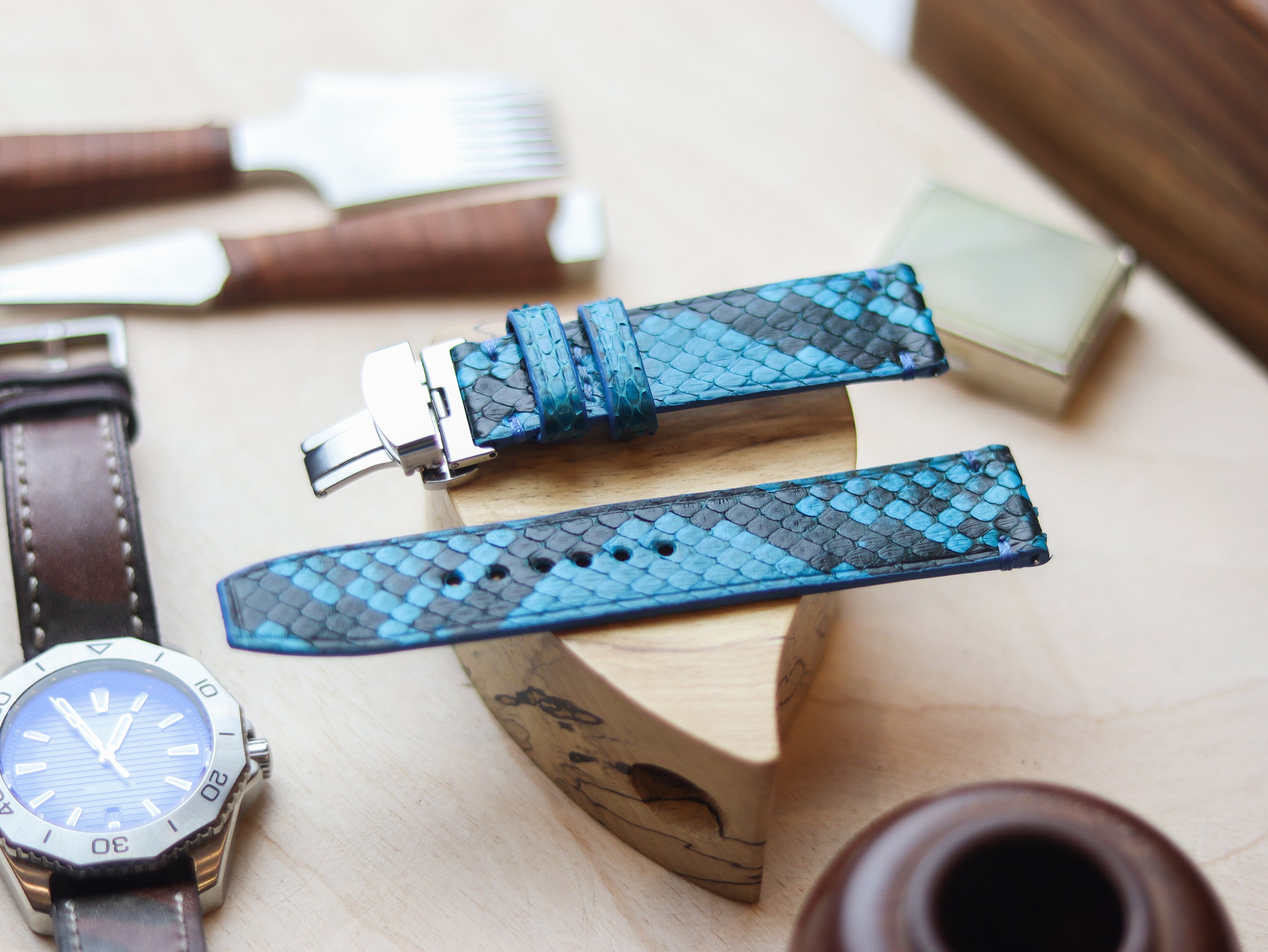 PYTHON SKIN WATCH STRAPS WITH BUTTERFLY CLASP - CERULEAN BLUE