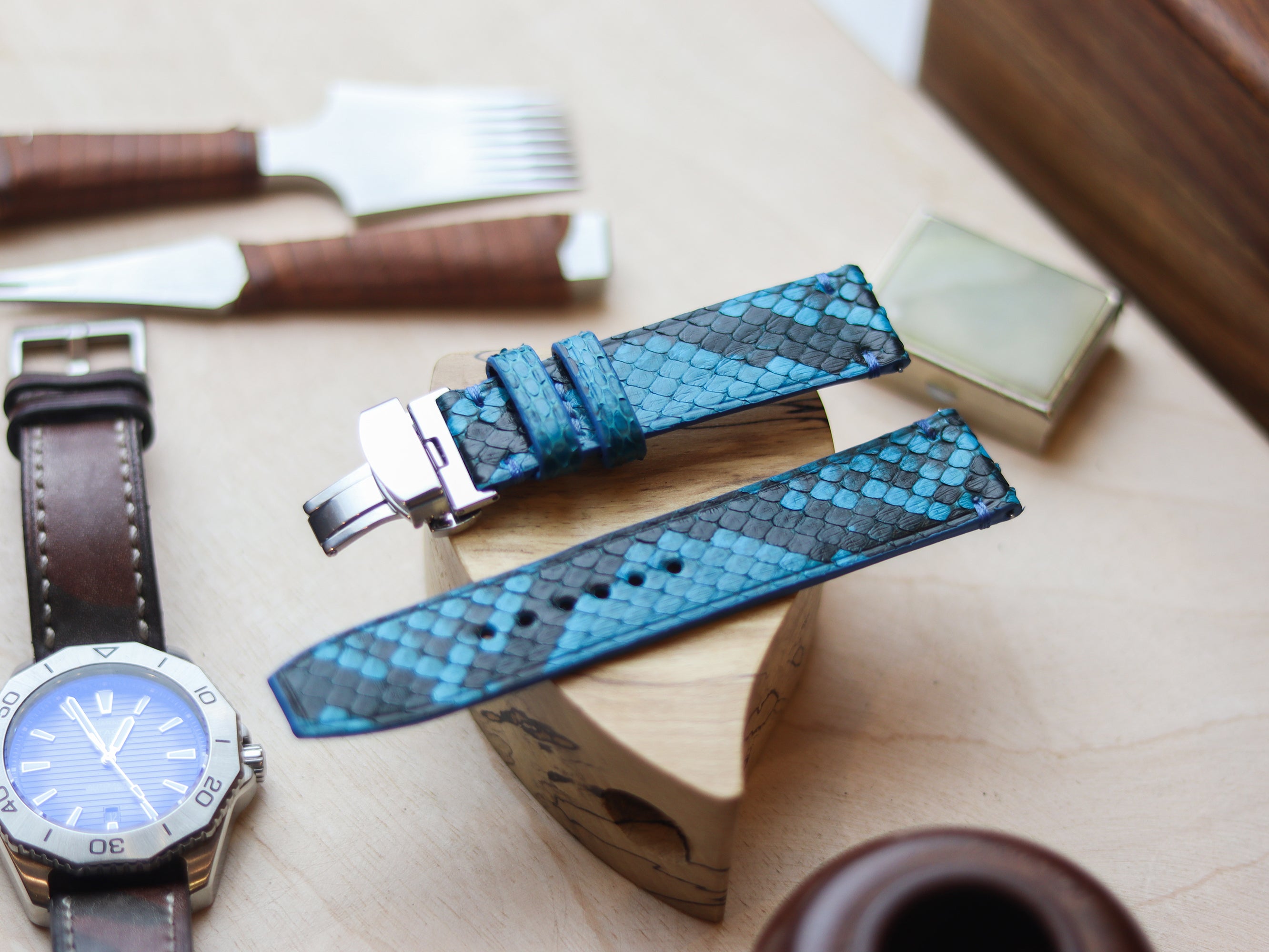 PYTHON SKIN WATCH STRAPS WITH BUTTERFLY CLASP - CERULEAN BLUE
