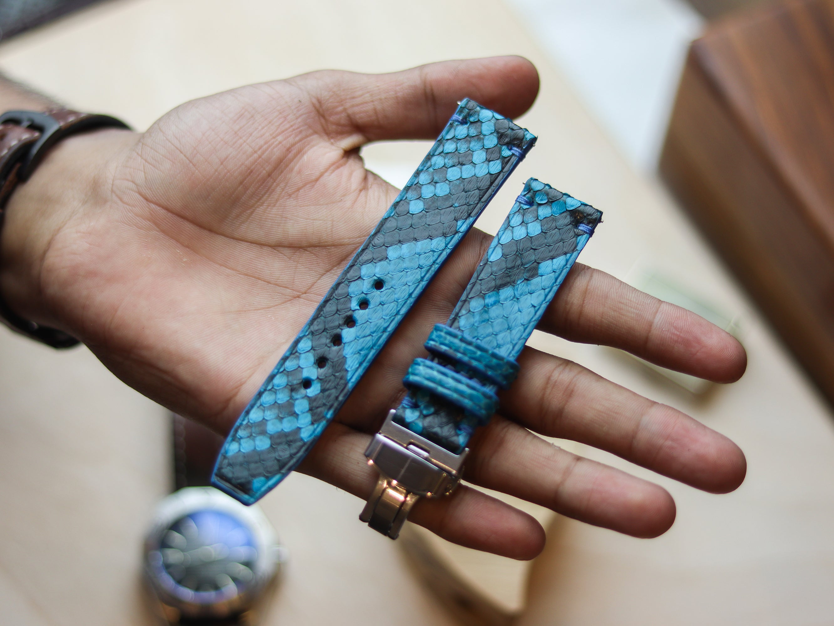 PYTHON SKIN WATCH STRAPS WITH BUTTERFLY CLASP - CERULEAN BLUE