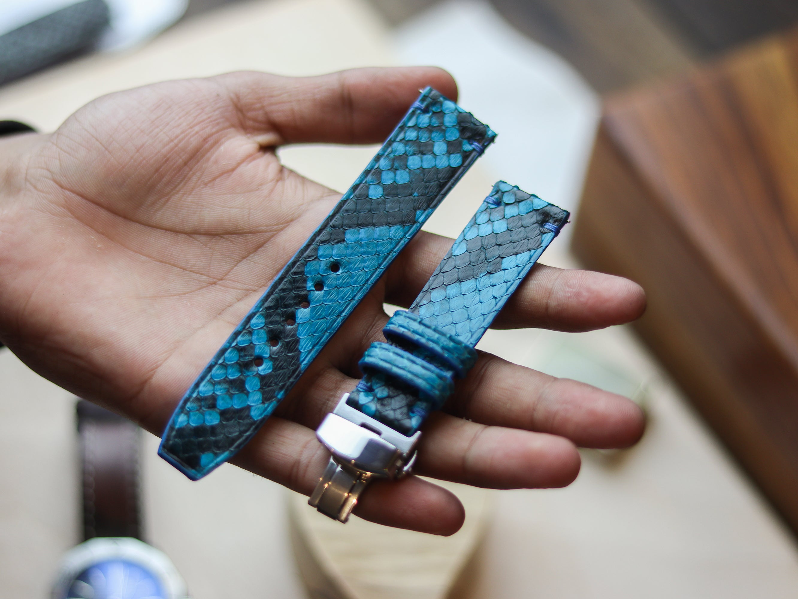 PYTHON SKIN WATCH STRAPS WITH BUTTERFLY CLASP - CERULEAN BLUE