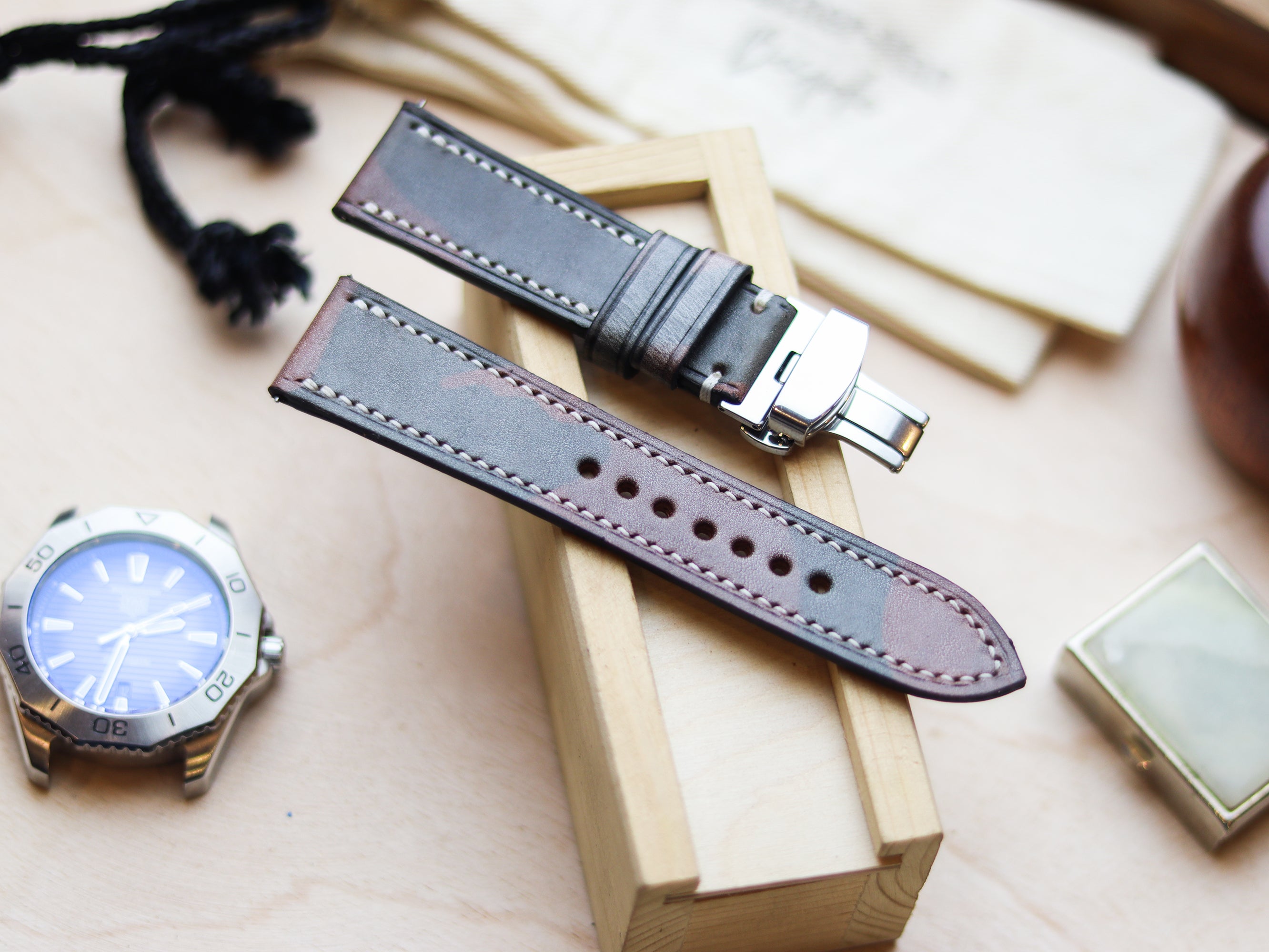 ITALIAN WAXED CAMOUFLAGE HAND-CRAFTED STRAPS FULL STITCHED - COFFEE BROWN