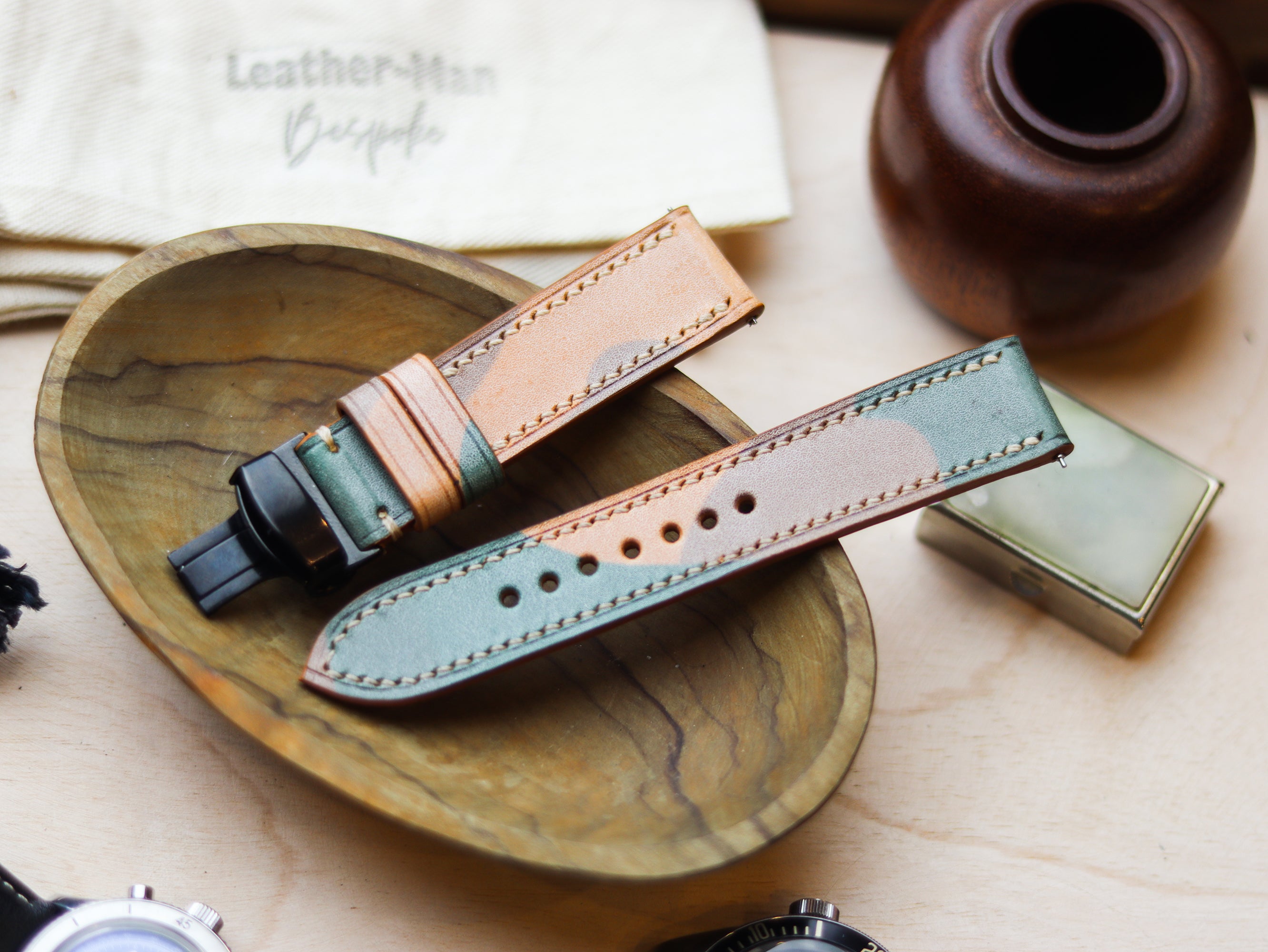 ITALIAN WAXED CAMOUFLAGE HAND-CRAFTED STRAPS FULL STITCHED - MILITARY GREEN