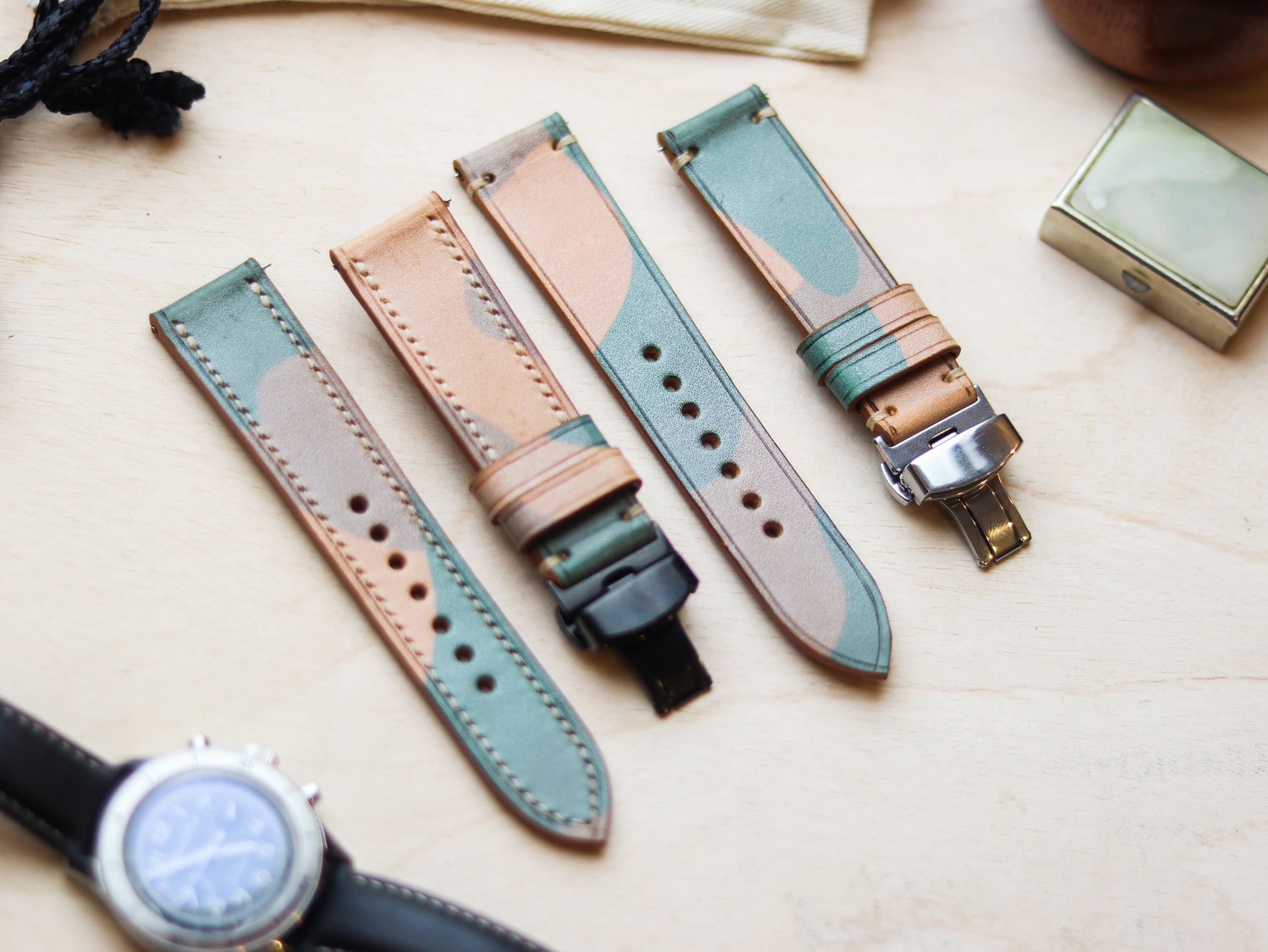 ITALIAN WAXED CAMOUFLAGE HAND-CRAFTED STRAPS FULL STITCHED - MILITARY GREEN