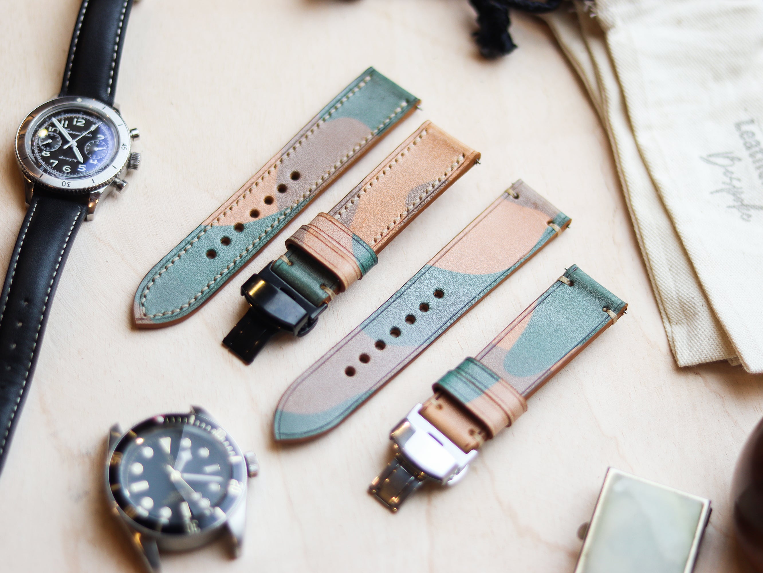 ITALIAN WAXED CAMOUFLAGE HAND-CRAFTED STRAPS FULL STITCHED - MILITARY GREEN