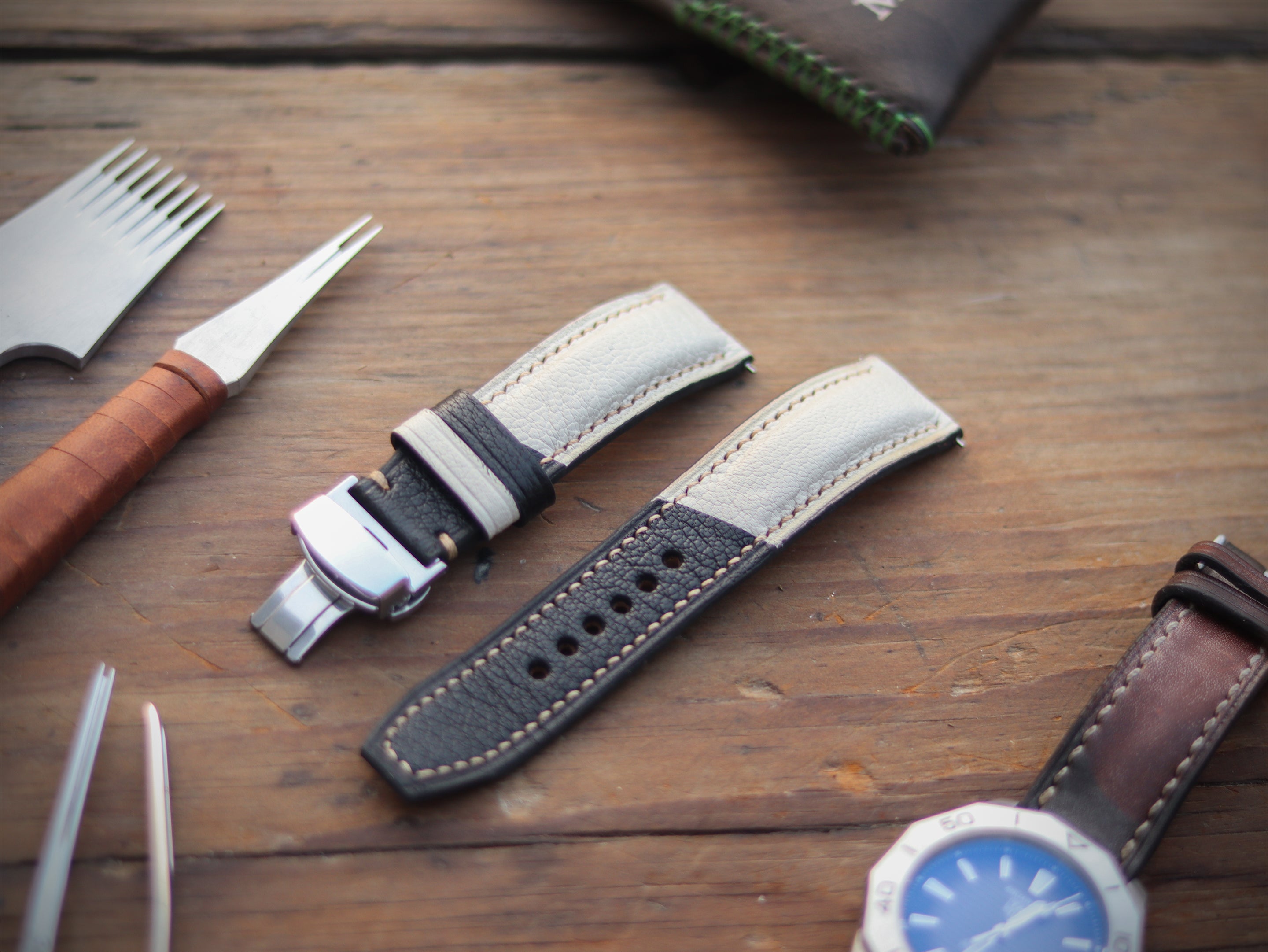 AZURE WHITE & BLACK ITALIAN CHEVRE LEATHER WATCH STRAPS - PADDED