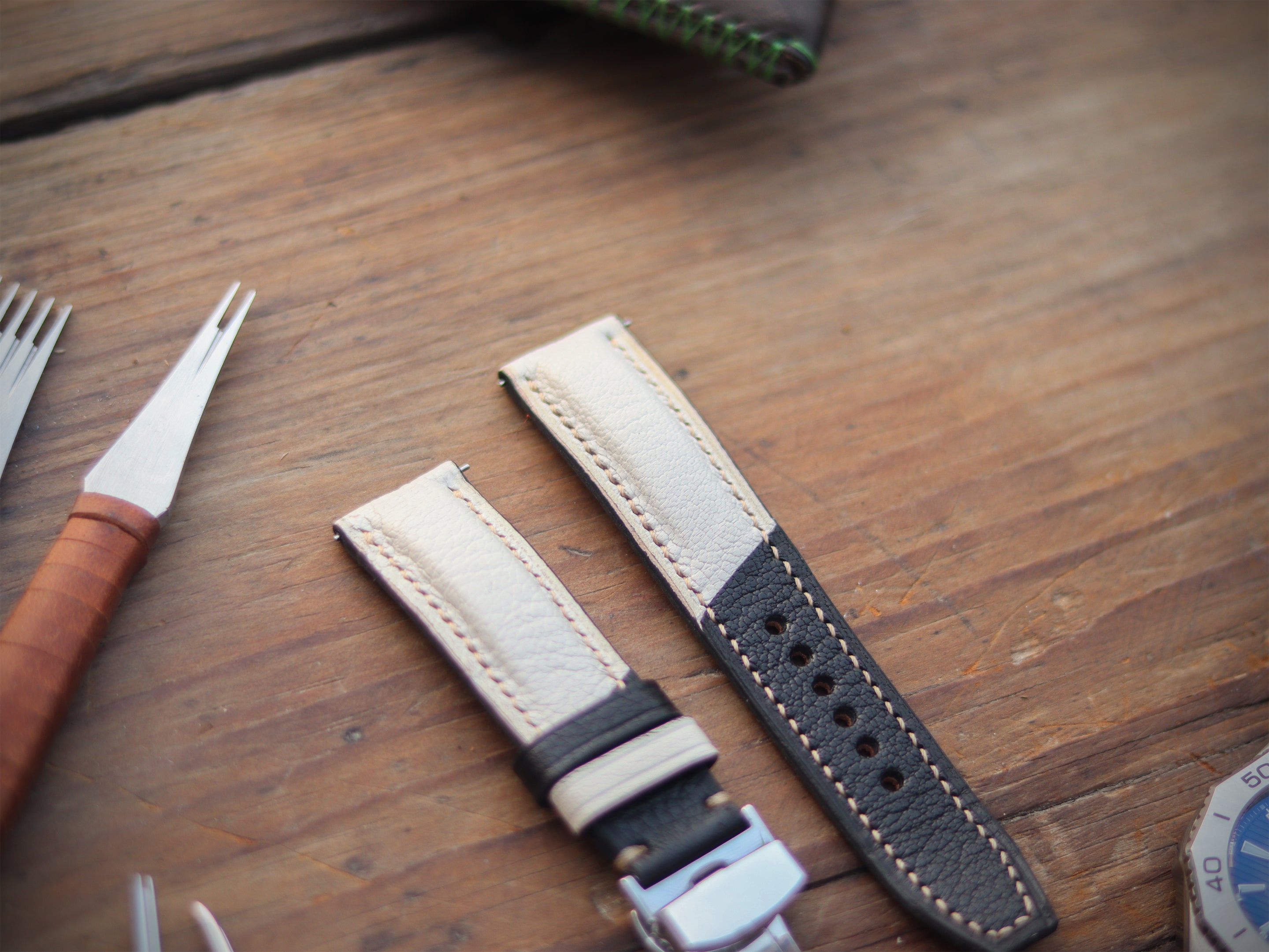 AZURE WHITE & BLACK ITALIAN CHEVRE LEATHER WATCH STRAPS - PADDED