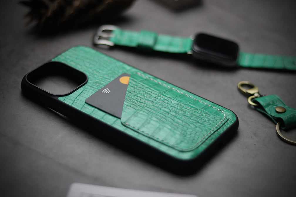 MINT GREEN EMBOSSED LEATHER WALLET PHONE CASE