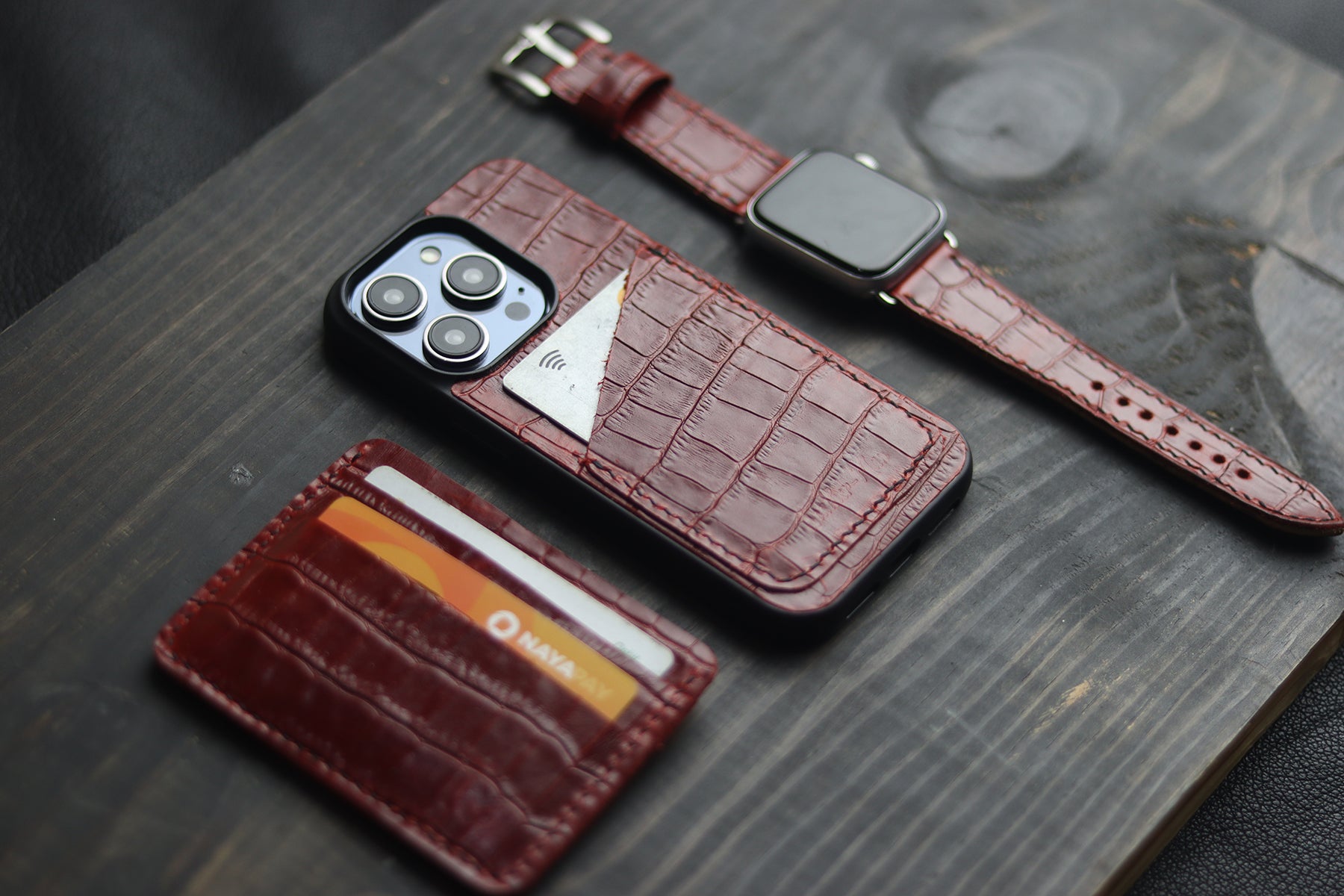 BURGUNDY CROCO WALLET PHONE CASE