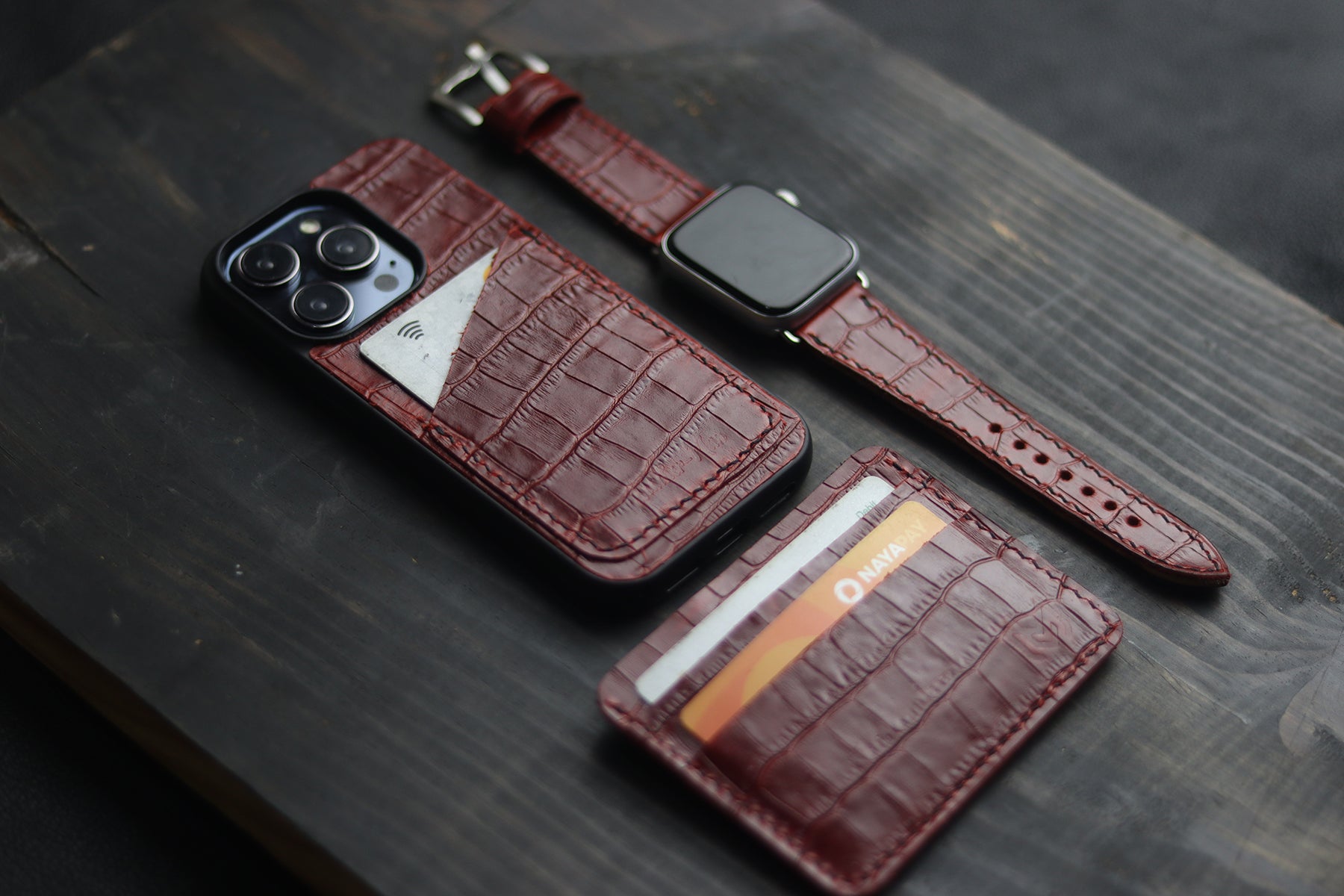 BURGUNDY CROCO WALLET PHONE CASE